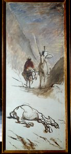 Don Quijote og det døde muldyret Illustrasjon fra romanen til Miguel Cervantes "Don Quijote de la Mancha" (El ingenioso Hidalgo Don Quijote de la Mancha). Maleri av Honore Daumier (1808-1879). 1800-tallets søn. 1,32x0,54 m . av Honoré Daumier