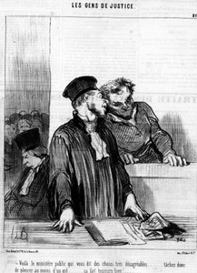 Her er det offentlige departementet som forteller deg veldig ubehagelige ting... så prøv å gråte i det minste med ett øye... det føles alltid bra!... , fra "Gens de Justice", tegneserieserie om Justice av Honore Daumier (1808-1879). “Charivari” av Honoré Daumier