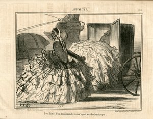 Le Charivari, satirisk i B&B, ca. 1855_5_11: Nyheter n* 190. Damer av en demi-monde, men ikke skjørt. - Mote, transport, crinolines - illustrasjon for kvinner av Honore Daumier (1808-1879) av Honoré Daumier