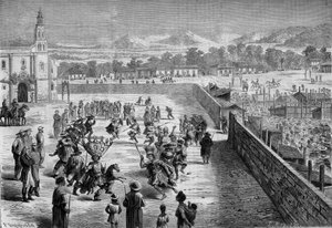 Mexican custom: Indian party and dance in Santa Anna (Mexico) in memory of the conquest of Fernando Cortez. The Mexicans were disgusted as Spanish conquistadors and soldiers of the Aztec army of Montezuma. 1863. Engraving in “” Le Monde Illustré”” n°315 of av Honoré Daumier