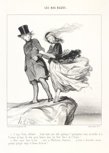 Å, min forgudede Victor ... Jeg får en poetisk idé!! La oss kaste oss sammen og straks fra toppen av denne grå klippen ned i havets blå bølger! ... Drukne oss i havet! ... Vi skal tenke over det, Anastasie, ... jeg insisterer på å gå lenger ned av Honoré Daumier