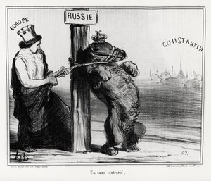 Russland: en bjørn opprørt (av Europa). I mars 1854 dannet Frankrike og England en allianse med Tyrkia mot Russland Illustrasjon av Honore Daumier (1808-1879), publisert i nyhetene "Charivari" av Honoré Daumier