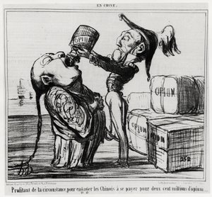 Andre opiumskrig (1856-1860): I 1858 gikk den kinesiske regjeringen med på å legalisere handelen med opium. "" Dra nytte av omstendighetene til å engasjere kineserne til å betale for to hundre millioner opium"", i serien En Chine, illustrasjon av Honore Da av Honoré Daumier