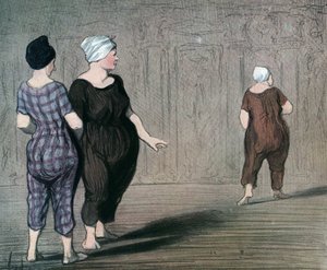 Serien "" Les batheuses"" to kvinner i badedrakt undersøker snittet til en annen, karikatur av Honore Daumier (1808-1879) 1844 (Badegjestene: to damer iført badedrakt, ser opp og ned i midjen til en annen) Privat samling av Honoré Daumier