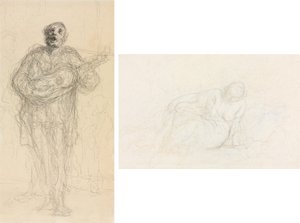Syngende gitarist (rekto); Tilbakelent kvinne lener seg på armen (verso) av Honoré Daumier