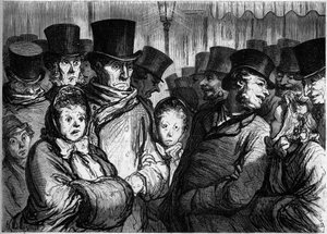 Temple Boulevard ved midnatt. Til venstre, folk kommer ut av dramaet. Ok, folk forlater funambulene. Tegneserie av Honore Daumier (1808-1879). Gravering i "" Le Monde Illustré"" nr. 254 av 22. februar av Honoré Daumier