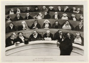 The Legislative Belly: Utsikt over ministerbenkene i Impromptu Chamber of 1834 (litografi) av Honoré Daumier