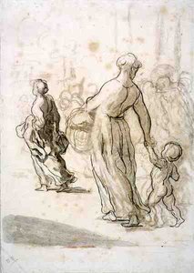 Two Women and a Child, ca. 1848-50 (kritt, kull og gouache på antikk lagt papir) av Honoré Daumier