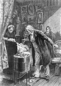 Illustrasjon av Alcide Theophile Robaudi (aktiv 1874-1884) for Cousin Pons, roman av Honore de Balzac (1799-1850) fra samlingen med flere bind med tittelen Human Comedy, utgitt i 1900, Paris