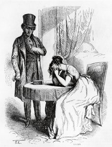 Kvinne i fortvilelse under mannens blikk, illustrasjon fra Ferragus av Honore de Balzac (1799-1850), fransk utgave