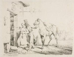En husar som omfavner en tjener. av Emile Jean Horace Vernet