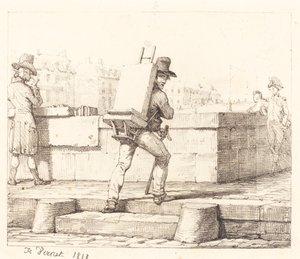 Kunstner som bærer staffeli med en litografisk stein av Emile Jean Horace Vernet