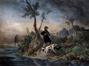 Andejakt i myr, gravering basert på maleri av Horace Vernet (1789-1863) av Emile Jean Horace Vernet