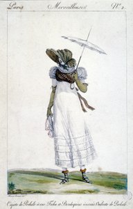 Motegravering av Horace Vernet (1789 - 1863), laget rundt 1810 for "A Wonderful", som viser en kvinne iført en ecrue baldakin, et blodig, tartan-broderi og en paraply. av Emile Jean Horace Vernet