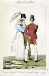 Motegravering av Horace vernet (1789 - 1863) laget rundt 1810 for nummer 25 av en "Marvelous", som representerer feminin mote (stråhatt og chiffongkjole) og maskulin. av Emile Jean Horace Vernet