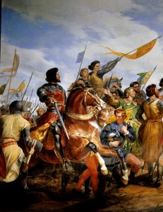 Fransk-engelsk krig (1202-1214): "" slaget ved Bouvines den 27.07.1214, Philippe Auguste setter i spill Frankrikes krone"" Hun motarbeidet den franske hæren til Philippe Auguste mot flamske og velvesen til Othon IV . Den franske seieren ble avgjørende i o av Emile Jean Horace Vernet