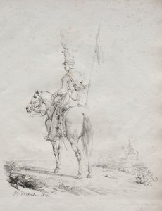 Samling av litografiske essays: Le Lancier en Vedette av Emile Jean Horace Vernet