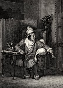 Scene fra The Imaginary Invalid av Moliere, av Horace Vernet, gravering - Le Malade imaginaire av Jean-Baptiste Poquelin dit Moliere (1622-1673) av Emile Jean Horace Vernet