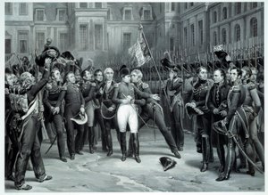 Avskjeden fra Napoleon Bonaparte (1769-1821) til den keiserlige garde på gårdsplassen til Cheval Blanc i Fontainebleau 20/04/1814 Gravering av Emile Vernet dit Horace Vernet (1789-1863) 1814 Paris, B.N. av Emile Jean Horace Vernet