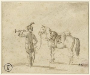 Trompetist ved siden av hest av Emile Jean Horace Vernet