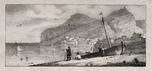 Utsikt over en havneby. av Emile Jean Horace Vernet