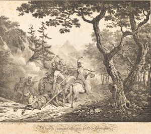 Sårede franskmenn angrepet av en kosakk av Horace Vernet and Hippolyte Lecomte