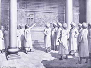 Rajaraja Chola inspiserer basrelieffet av bedriftene hans ved Tanjure 995 e.Kr