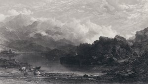 En høyland Loch, tåke hviler på fjell av Horatio Macculloch