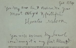 En del av det første brevet skrevet av Nelson etter tapet av høyre arm av Horatio Nelson
