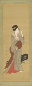En geisha i ferd med å justere en hårnål med skilpaddeskall, sent på 1700-tallet. av Hosoda Eishi
