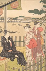 Gruppe på et tehus ved bredden av Sumida-elven, ca. 1790. av Hosoda Eishi