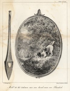Modell for et design for en brodert håndskjerm som viser en hund på en elvebredd av Houtman Van