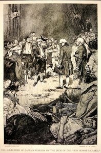 Kaptein Pearsons overgivelse til John Paul Jones på dekket til Bonhomme Richard i 1779 (litho)