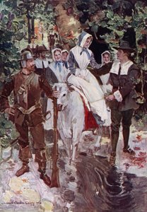 Illustrasjon for The Courtship of Miles Standish av Henry Wadsworth Longfellow (litho-farge)