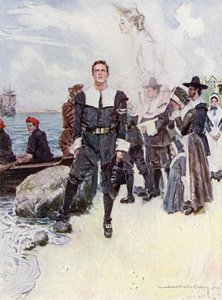 Illustrasjon for The Courtship of Miles Standish av Henry Wadsworth Longfellow (litho-farge) av Howard Chandler (after) Christy