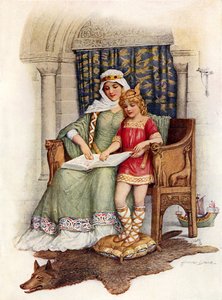Alfred den store lærer å lese (farge litho) av Howard Davie