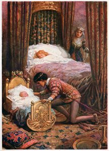 'Han bøyde seg ned for å kysse den lille babyen', fra Italian Fairy Tales, av Lilia E. Romano, utgitt av Raphael Tuck & Sons (farge litho) av Howard Davie