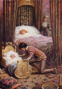 "Han bøyde seg ned for å kysse den lille babyen" fra "Luciella" (farge litho) av Howard Davie