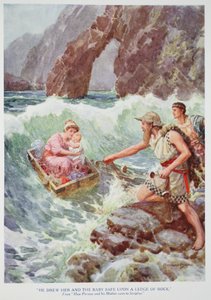 "Han tegnet henne og babyen trygt på en avsats av stein" (farge litho) av Howard Davie