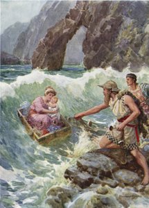 Han tegnet henne og babyen trygt på en avsats av stein. Fra hvordan Perseus og moren kom til Seriphos (farge litho)