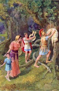 "Jason rev fleeceen fra trestammen" (farge litho) av Howard Davie