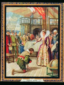 Dronning Elizabeth I (1530-1603) ridder Francis Drake (1540-96), illustrasjon fra 