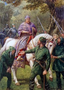 "Robin Hood møter biskopen av Hereford" (farge litho) av Howard Davie