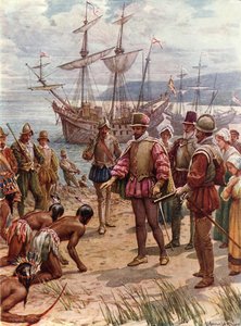 Sir Walter Raleigh lander i Virginia (farge litho) av Howard Davie