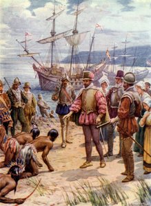 Sir Walter Raleigh, lander i Virginia (farge litho) av Howard Davie