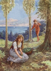 "Plutselig stoppet han og stirret henrykt" fra "Filadoro" (farge litho) av Howard Davie