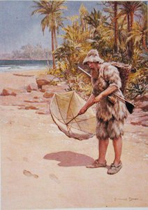 The Footprints in the Sand, illustrasjon for 'Robinson Crusoe' av Daniel Defoe (1660-1731) (litho-farge)