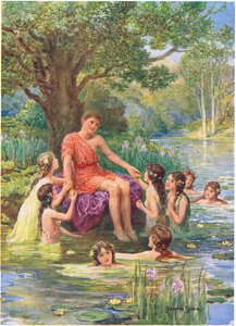 'Vannymfene kom opp for å se på ham og elsket ham', illustrasjon for 'How the Argonauts sailed to Colchis', fra The Heroes of Greek Fairy Tales, av Charles Kingsley (1819-75) (farge litho) av Howard Davie