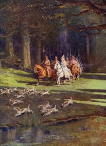 Hele selskapet satte kursen mot skogen (farge litho) av Howard Davie