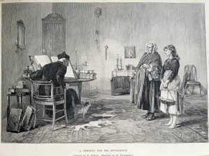 To irske kvinner bringer en gave til en religiøs. Gravering av H. Werdmuller etter maleriet av H. Helmick på 1800-tallet.